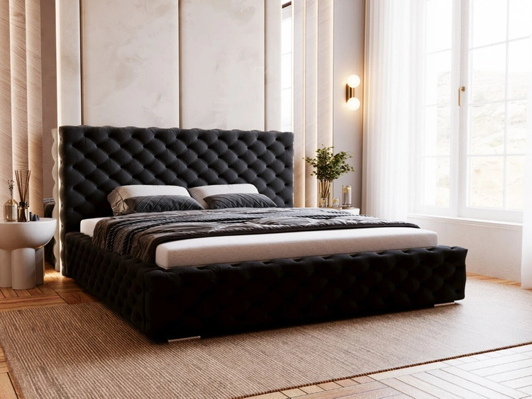 Łóżko tapicerowane z pojemnikiem i stelażem 140x200 Astra Czarny