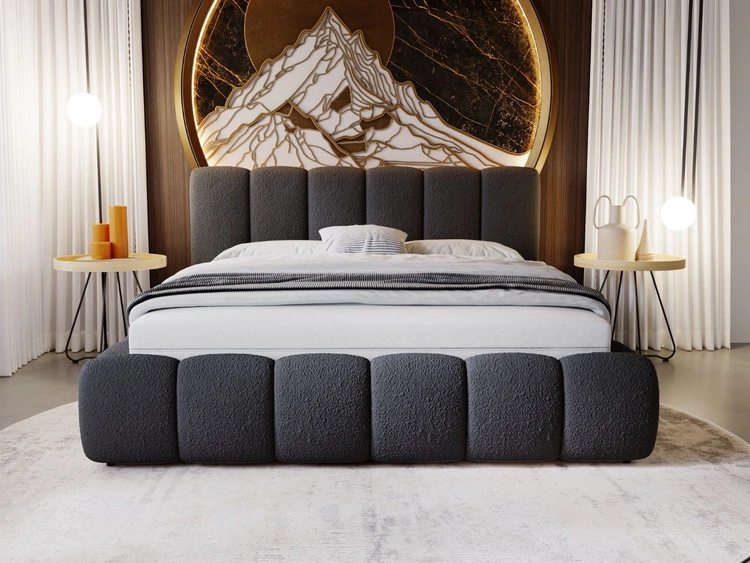 Łóżko tapicerowane bez pojemnika ze stelażem 140x200 Cloud w tkaninie bouclé Czarne