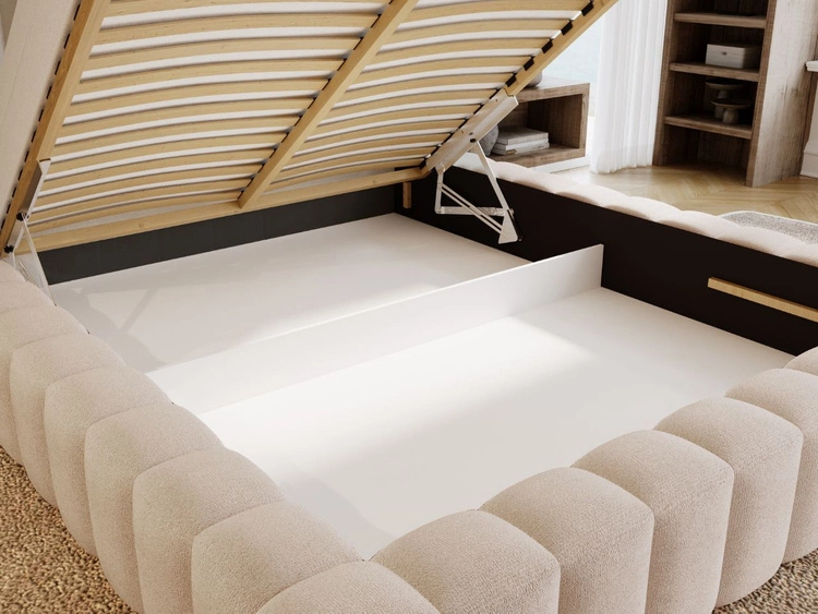 Łóżko tapicerowane z pojemnikiem i stelażem 140x200 cm Rotto Beżowe