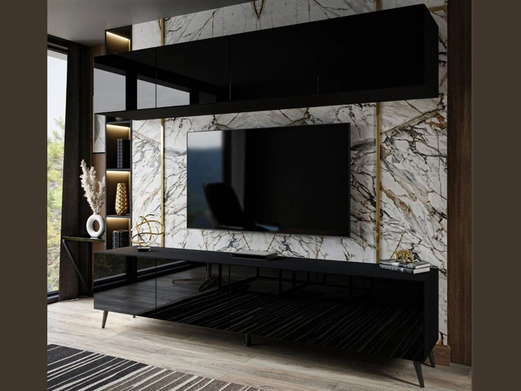 Meblościanka do salonu z oświetleniem LED na czarnych nogach Noaé Czarny połysk