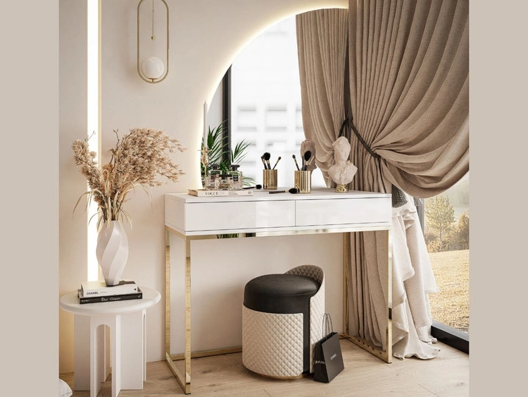 Toaletka kosmetyczna lewostronna z szufladami i oświetleniem LED na złotych nogach Clarette Biały połysk