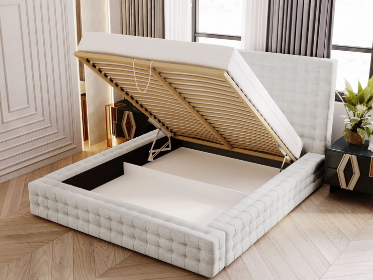 Łóżko tapicerowane z pojemnikiem i stelażem 140x200 Barbados Kremowe