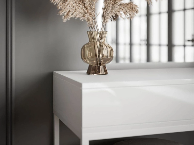 Toaletka kosmetyczna lewostronna z szufladami i oświetleniem LED na białych nogach Clarette Biały połysk