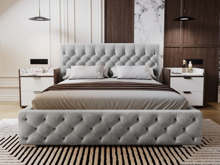 Łóżko tapicerowane z pojemnikiem i stelażem 180x200 Velutto Jasny szary
