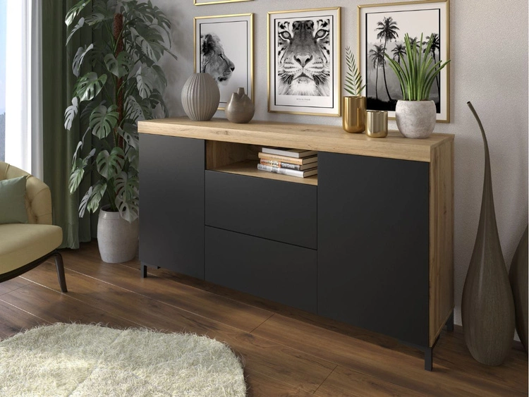 Dwudrzwiowa komoda 164 cm w stylu loft Asumi czarny mat i dąb wotan