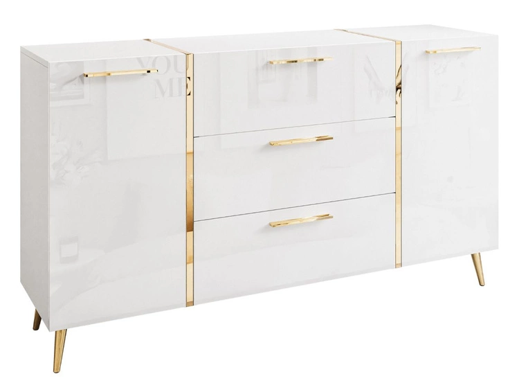 Dwudrzwiowa komoda 158 cm z trzema szufladami i złotymi uchwytami Lunelie biały połysk