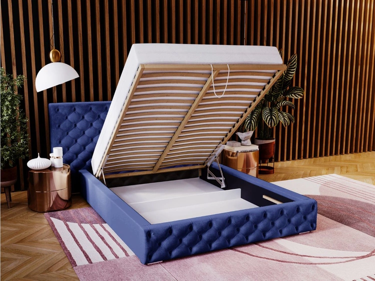 Łóżko tapicerowane z pojemnikiem i stelażem 120x200 cm Madera Niebieskie