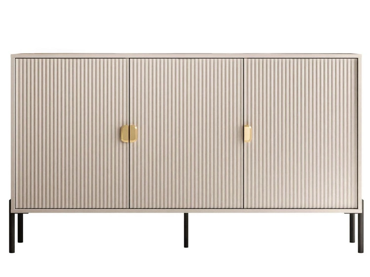 Komoda trzydrzwiowa szeroka, ze złotymi uchwytami Orlean kaszmir mat