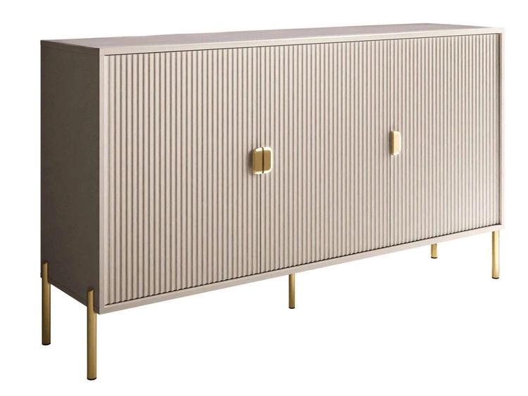 Komoda trzydrzwiowa szeroka, ze złotymi uchwytami i nogami Orlean kaszmir mat