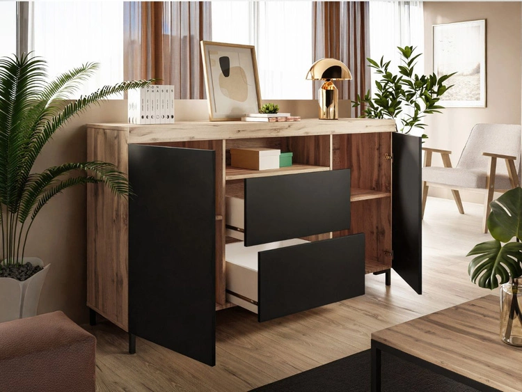 Dwudrzwiowa komoda 164 cm w stylu loft Asumi czarny mat i dąb wotan