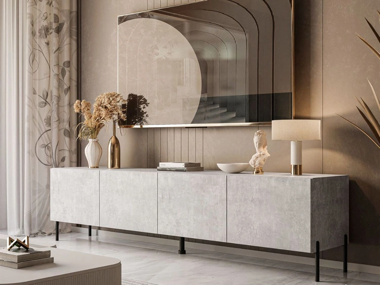 Szafka RTV pod telewizor z drzwiczkami na czarnych nóżkach 200 cm Nodoo Beton