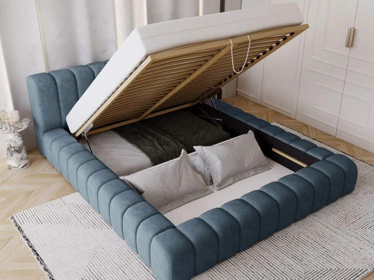 Łóżko tapicerowane z pojemnikiem na pościel i stelażem 180x200 Italia Niebieskie