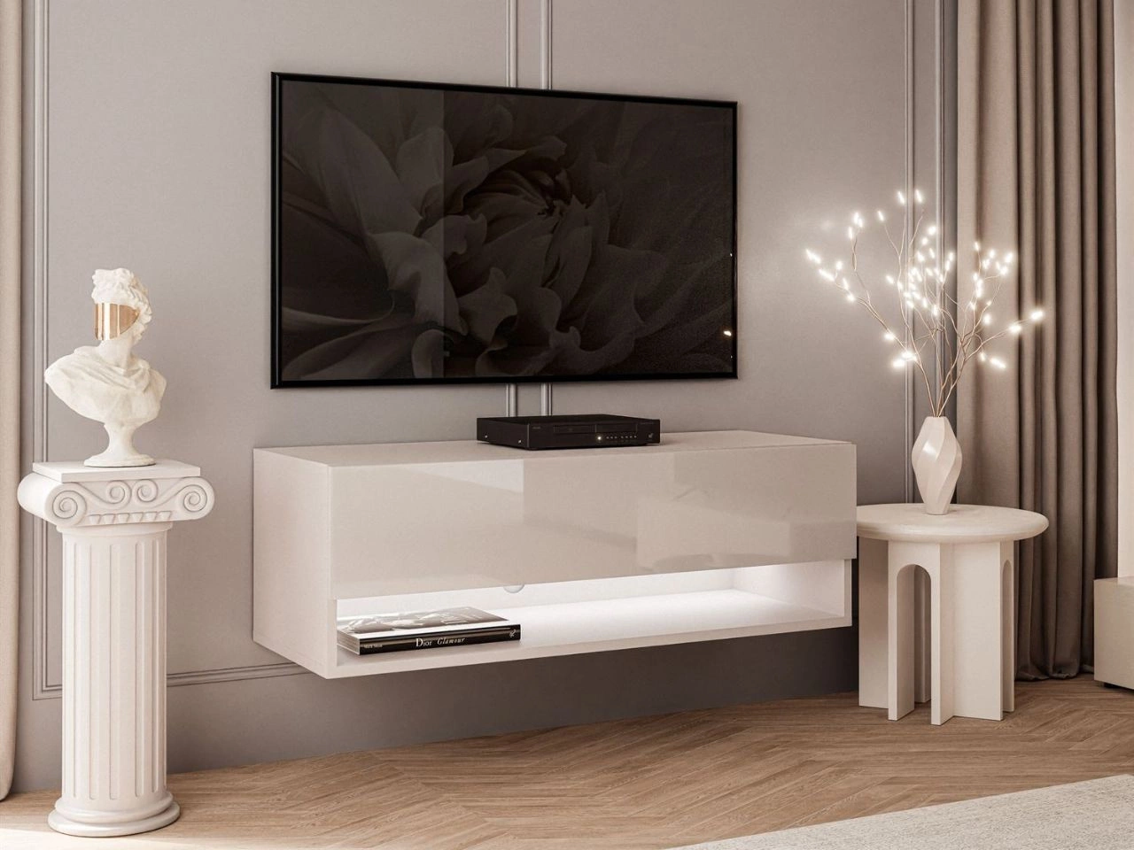 Szafka RTV wisząca 90 cm do salonu z oświetleniem LED Aurelie Kaszmir połysk
