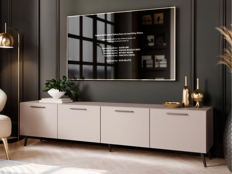 Szafka RTV pod telewizor z drzwiczkami i oświetleniem LED na czarnych nóżkach 200 cm Noaé Kaszmir