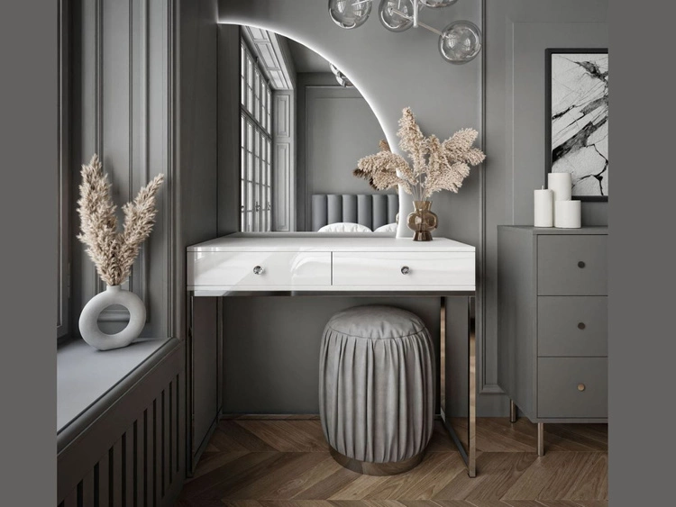 Toaletka kosmetyczna prawostronna z szufladami i oświetleniem LED na srebrnych nogach Clarette Biały połysk