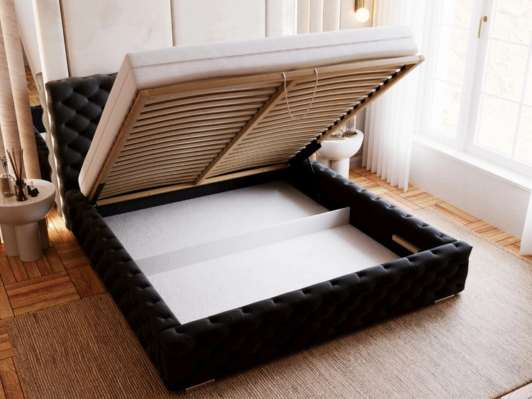 Łóżko tapicerowane z pojemnikiem i stelażem 200x200 Astra Czarny