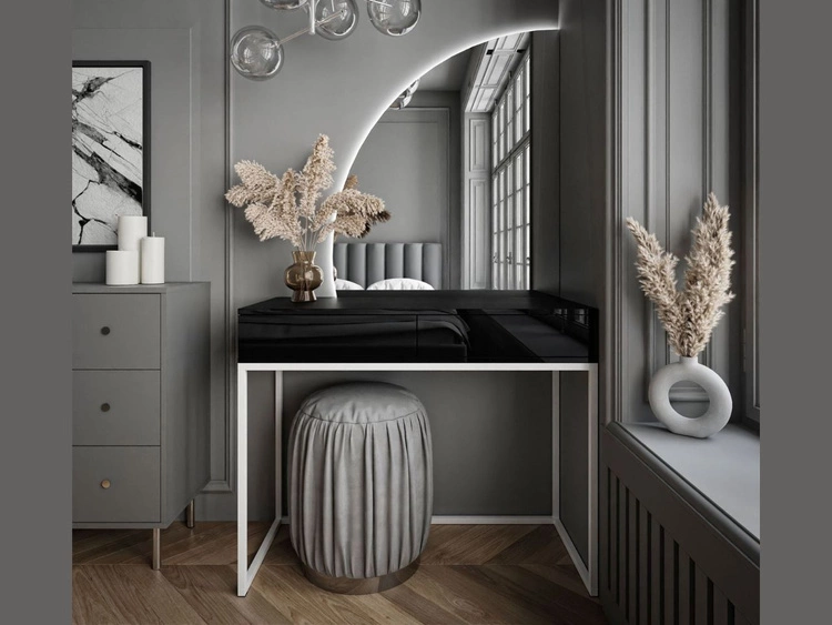 Toaletka kosmetyczna lewostronna z szufladami i oświetleniem LED na białych nogach Clarette Czarny połysk