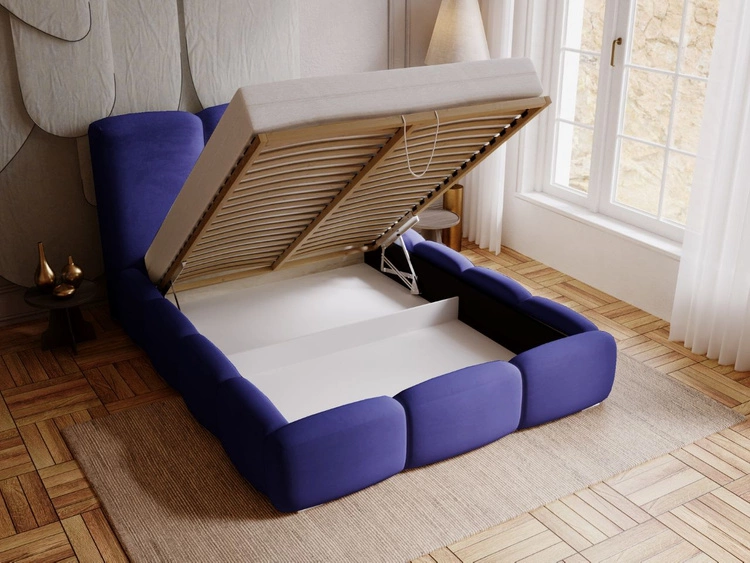 Łóżko tapicerowane z pojemnikiem i stelażem 180x200 cm Bubble Ciemnoniebieskie