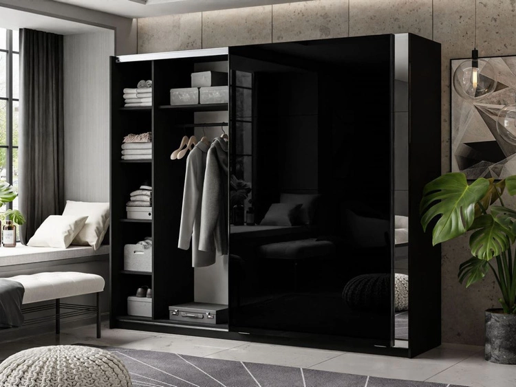 Szafa dwudrzwiowa z drzwiami przesuwnymi i lustrem 244 cm Nuveo Czarny połysk