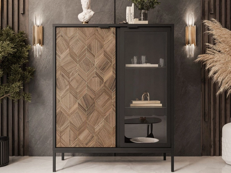 Witryna stojąca do salonu z oświetleniem LED niska Tavio Czarna, Liam Gold