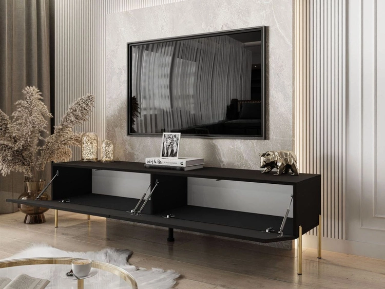 Szafka RTV pod telewizor z drzwiczkami na złotych nóżkach 175 cm Sorelle Czarny mat