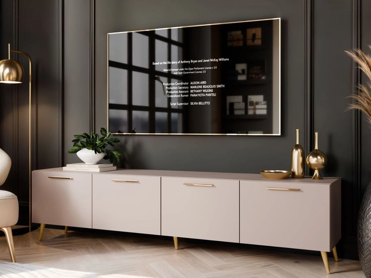 Szafka RTV pod telewizor z drzwiczkami na złotych nóżkach 200 cm Noaé Kaszmir