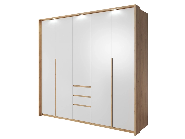 Szafa pięciodrzwiowa z drzwiami uchylnymi i oświetleniem LEDBaffi Dąb Craft Złoty, Biała