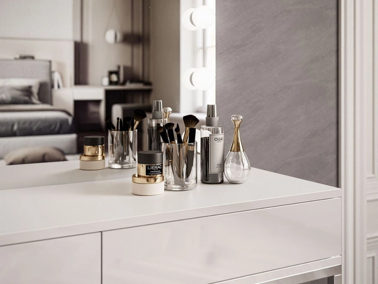 Toaletka glamour z szufladami, lustrem i oświetleniem LED Brisa biały połysk