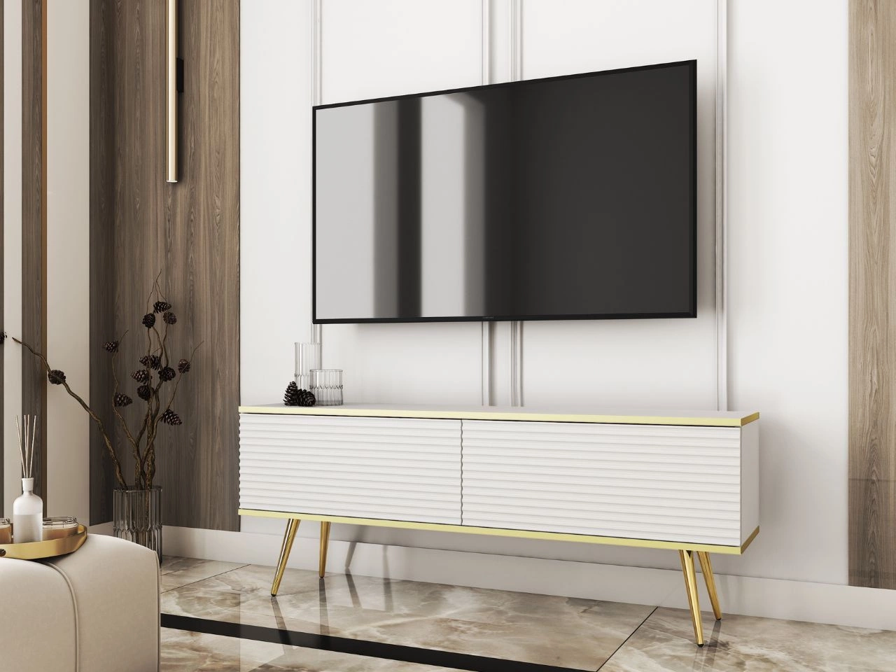 Szafka pod telewizor z drzwiczkami 135 cm z ryflowanym frontem Diolo Biała na złotych nogach
