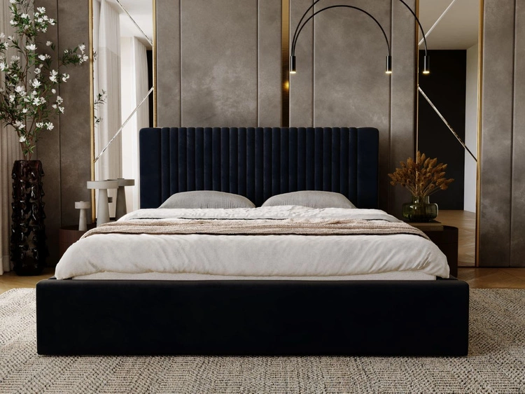 Łóżko tapicerowane z pojemnikiem i stelażem 140x200 Malmo Ciemny niebieski