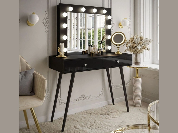 Toaletka glamour z szufladami, kryształowymi uchwytami i oświetleniem LED Olivine czarny połysk