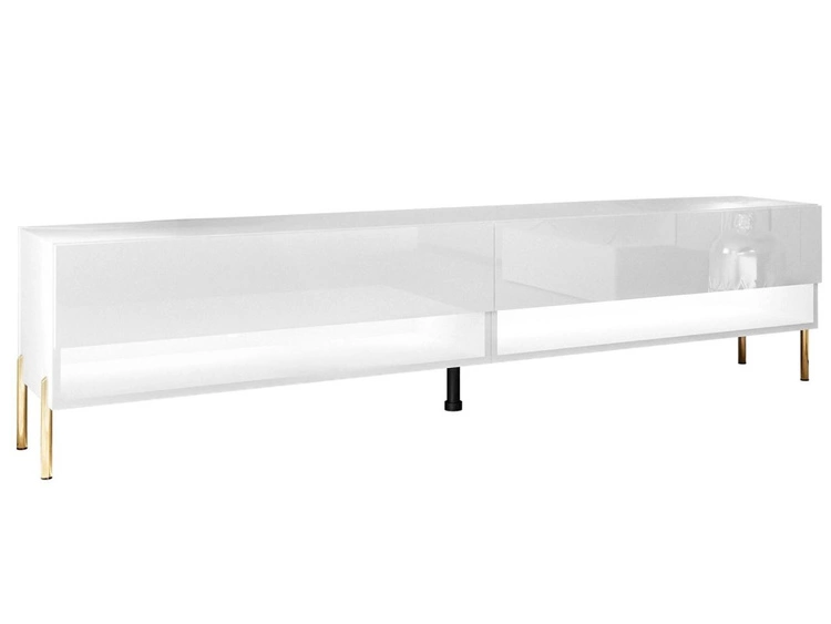 Szafka RTV do salonu 180 cm ze złotymi metalowymi nóżkami i oświetleniem LED Aurelie Biały połysk