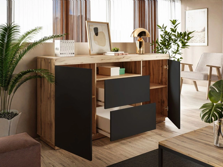 Zestaw mebli do salonu - szafka RTV i komoda Asumi Czarny i dąb wotan