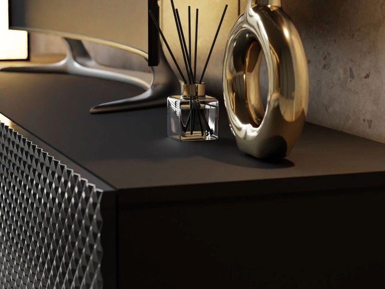 Szafka RTV z czarnymi prostymi nóżkami i frezowanymi frontami 3D Celiane czarny połysk