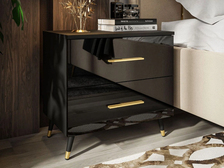 Stolik nocny z szufladami na czarno-złotych nogach Nuveo Czarny połysk