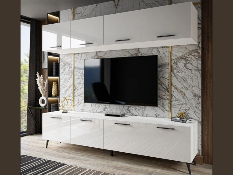 Meblościanka do salonu z oświeleniem LED na czarnych nogach Noaé Biały połysk