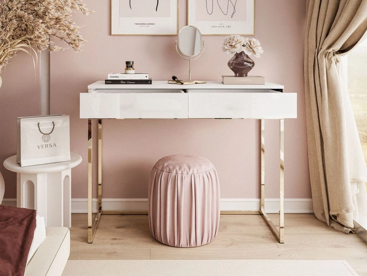 Konsola z szufladami i złotym stelażem w stylu glamour Brisa biały połysk