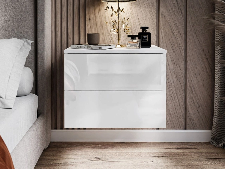 Podwieszany stolik nocny z dwoma szufladami Nuveo Biały połysk