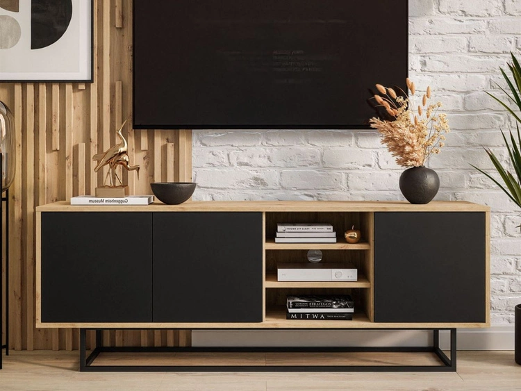 Szafka RTV pod telewizor z drzwiczkami i czarnym stelażem Vivance Czarny i dąb artisan
