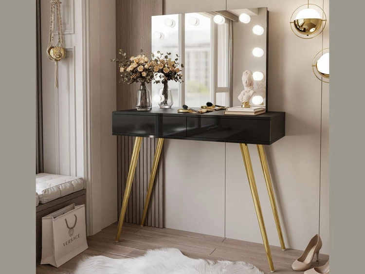 Toaletka kosmetyczna w stylu glamour z szufladami, lustrem i oświetleniem LED Olivine Elite czarny połysk