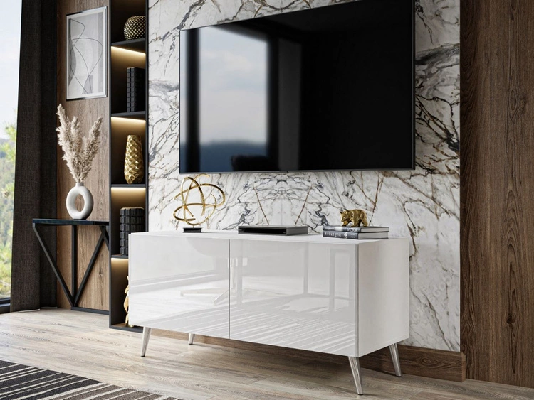 Szafka RTV pod telewizor z drzwiczkami i oświetleniem LED na srebrnych nóżkach 100 cm Noaé Biały połysk
