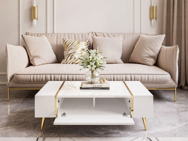 Stolik kawowy na złotych nogach w stylu glamour Lunelie biały połysk