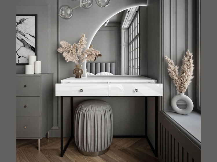 Toaletka kosmetyczna lewostronna z szufladami i oświetleniem LED na czarnych nogach Clarette Biały połysk