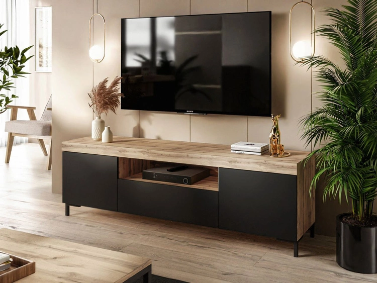 Szafka RTV pod telewizor z drzwiczkami i szufladą Asumi czarny i dąb wotan