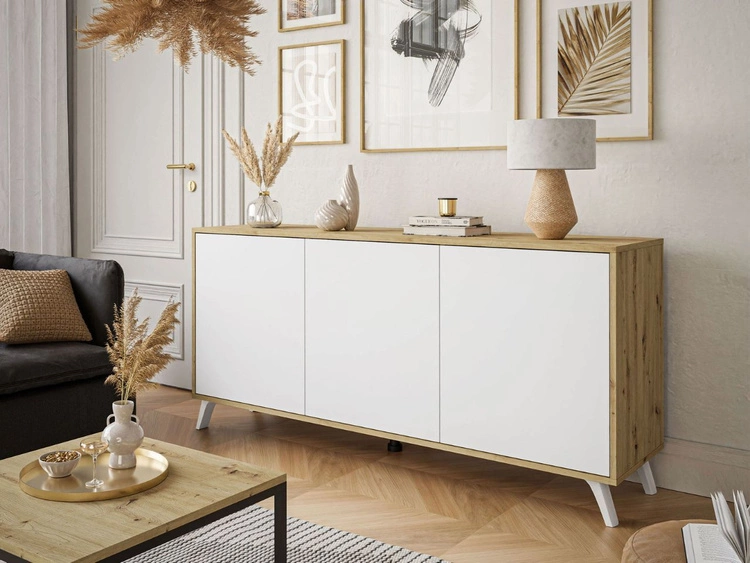 Trzydrzwiowa komoda 154 cm w stylu loft na białych nogach Vivance biały mat i dąb artisan
