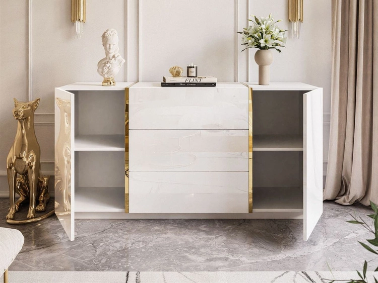 Dwudrzwiowa komoda 158 cm z trzema szufladami Lunelie biały połysk