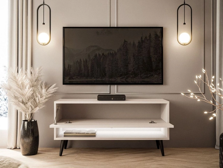 Szafka RTV 90 cm do salonu z oświetleniem LED i czarnymi nóżkami Aurelie Kaszmir mat