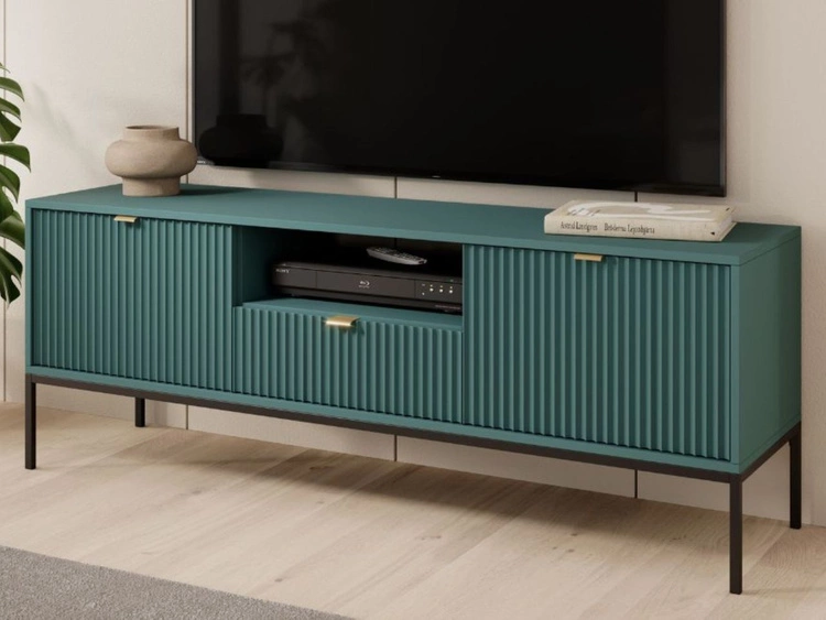 Szafka pod telewizor z szufladami i drzwiczkami Amber zielona na czarnych nogach