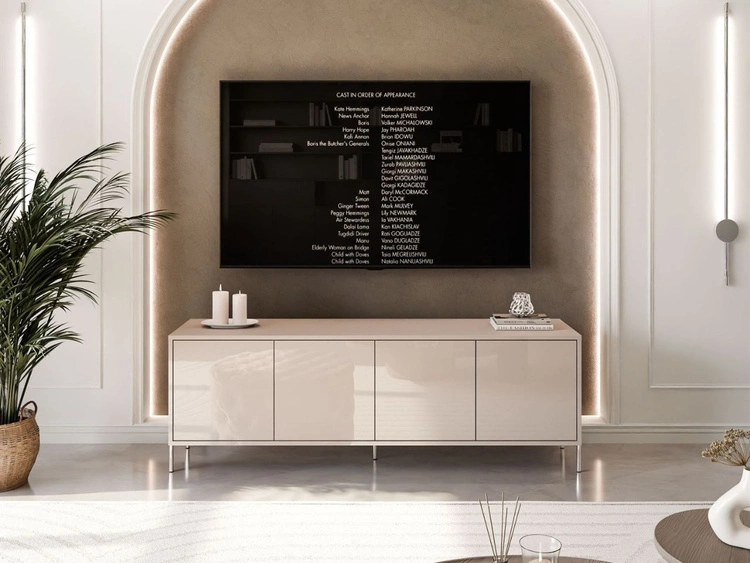 Szafka RTV glamour pod telewizor z drzwiczkami na srebrnych prostych nogach Vivance Kaszmir połysk