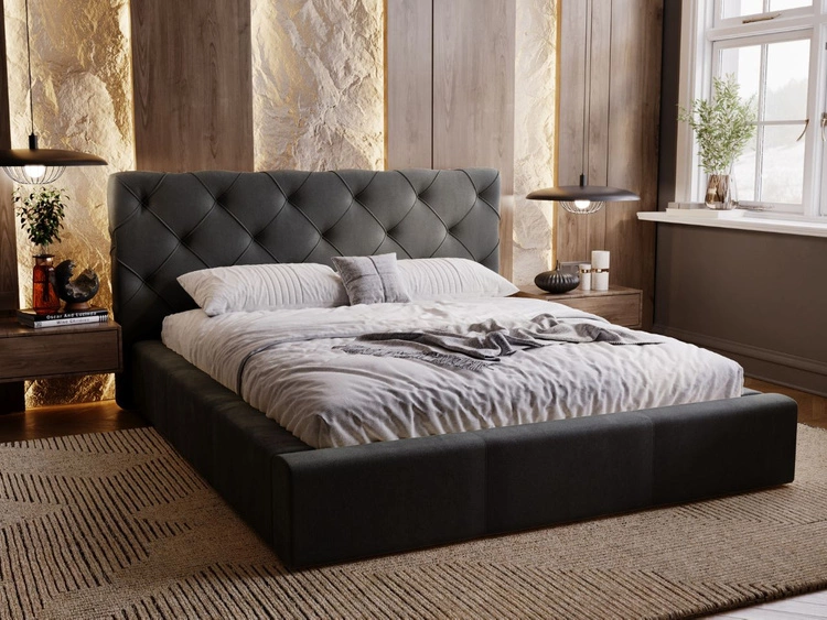 Łóżko tapicerowane z pojemnikiem i stelażem 200x200 Milano Ciemny Szary